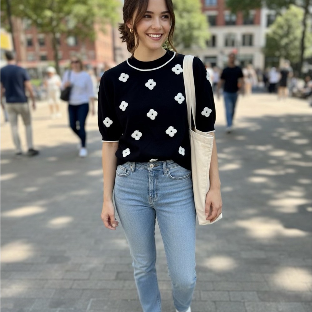Stylish Black Top with White Floral Design